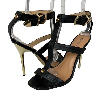 Sandalias de tacón de aguja Renvy Caged para mujer 8 de cuero negro con tacones dorados Foto 1 de 4