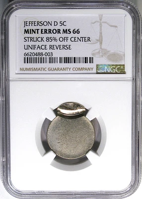 2000-D (?) 5C NGC MS66 MINT ERROR JEFFERSON ~ 85% OFF CENTER & UNIFACE! - Image 1 of 4