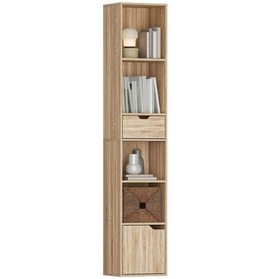 HOMCOM Narrow Bookshelf with Drawer, Tall Bookcase for Living Room, Natural - Image 1 of 4