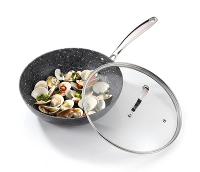 28cm Non-Stick Granite Effect Wok Pan with Glass Lid – Aluminum Alloy Deep Fryin - Image 1 of 4