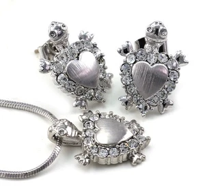 Clear Heart Turtle Tortoise Animal Stud Post Earrings Necklace Pendant Charms - Picture 1 of 1