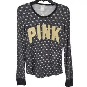 Victorias Secret PINK Small Gray Long Sleeve Dogs Glitter Sleepwear Pajama Top - Picture 1 of 4