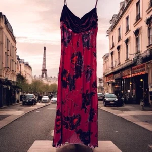Vtg 90s Boho Womens S Top Velvet Rose Maxi Cami Beaded Burgundy Sheer Blouse - Picture 1 of 8