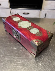 Vintage Chinese Rosewood Jewelry Box with Carved Jade Centerpiece & Brass Moths - Picture 1 of 9