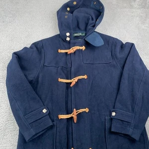 VINTAGE Polo Ralph Lauren Jacke Herren Large Blau Wolle Knebel Duffle Kapuze Mantel - Bild 1 von 9