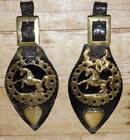 Antique Pair of Solid Brass Driving Horse Brasses On Patent Leather Back
