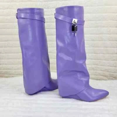 Fold Over Skirted Knee Boots 3" Wedge Heel Pull On Half Zipper Lilac Purple - Image 1 of 4