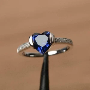 1.50Ct Heart Cut Lab Created Blue Sapphire Engagement Ring 14K White Gold Plated - Picture 1 of 8