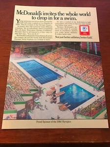1984 VINTAGE 8X11 PRINT Ad FOR McDONALD'S LA OLYMPIC SWIM STADIUM INVITES WORLD - Picture 1 of 1
