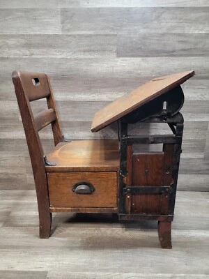 Escritorio Escolar Antiguo Moulthrop Niños Madera Roble Ajustable con Cajón Bajo Asiento Nº5 Foto 1 de 4