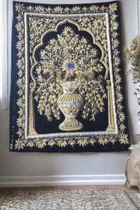 Alfombra Zardozi de terciopelo negro de 2'x3' panel colgante de pared decoración de sala de estar - Imagen 1 de 5