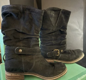 Clarks Women's 9 Majorca Villa Slouch Belted Moto Mid Calf black Suede Boots - Picture 1 of 8