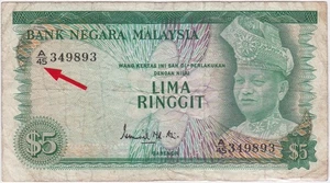 Mazuma *M5663 Malaysia Ismail 1st $5 A/45 349893 Last Prefix VF - Picture 1 of 2