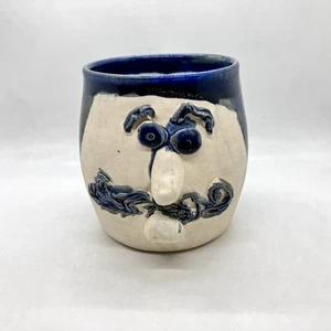 Studio Art Pottery Ugly Face Coffee Cup Mug Moustache Man Cobalt Blue Glaze OOAK - Bild 1 von 10