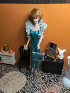 Vintage Barbie Clone Outfit - Jumpsuit, Sparkle Knit Shrug, Purse, Shoes, Book - Picture 1 of 24
