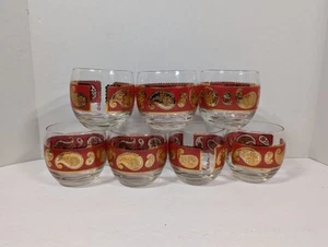 MCM Culver LTD Bar Glas 7er Set rot und gold Paisley gebändert niedrige Kugel Roly Poly - Bild 1 von 21