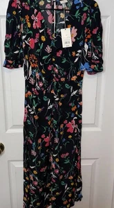 A New Day Puff Sleeve Peasant Maxi Dress XS Ruched Black Dark Floral Cottagecore - Picture 1 of 8