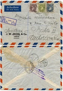 NIGERIA to CZECHOSLOVAKIA REGISTERED AIRMAIL 1949 JACKEL + CO PRINTED ENVELOPE - Picture 1 of 1