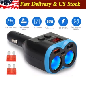 2 Way,Car Cigarette Lighter Socket Splitter Dual USB QC3.0 Charger Power Adapter - Picture 1 of 8