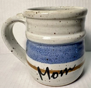 Handcrafted Stoneware MOM Mug Coffee Cup Blue Stripe Mothers Day - Picture 1 of 10