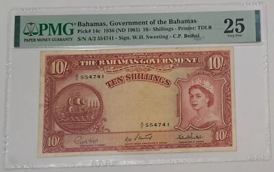 1936 The Bahamas Government QE II Ten Shillings SN# A2554741 PMG 25 *RARE* note - Image 1 of 4