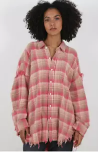 R13 UNISEX SHREDDED SEAN DROP NECK SHIRT OVERDYED LT PINK KARIERT Gr. XS - Bild 1 von 13
