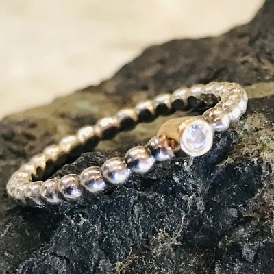 SOLITAIRE DIAMOND Ring .04ct 2 tone 14K Gold ENGAGEMENT 1.8g MILGRAIN BEAD Sz6.5 - Image 1 of 4