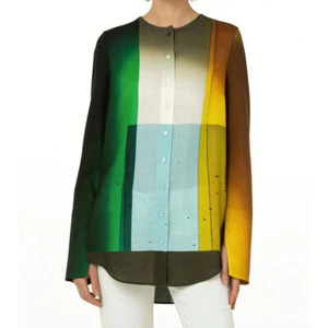 Akris Liquid Light Print Colorblock Cotton Top Blouse Mimosa Yellow Green 10 - Picture 1 of 12