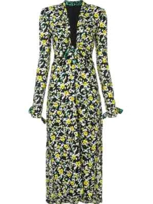 Vestido Proenza Schouler Manga Larga Multicolor Floral Cuello en V Crepé Nudo Talla Midi Foto 1 de 4