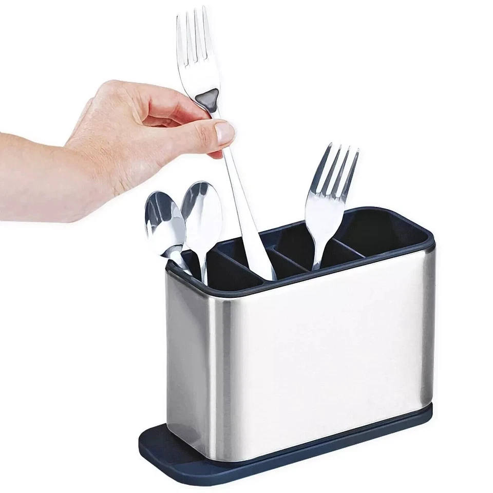 Porta Posate Scolaposate In Acciaio con Raccoglitore Di Acqua Cucina Argento reb - Immagine 1 di 1