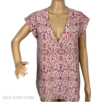 Joie шелк коротким рукавом Tribal шик печать розовый красный глубокий v-образным вырезом блузка верхний маленький - Изображение 1 из 3