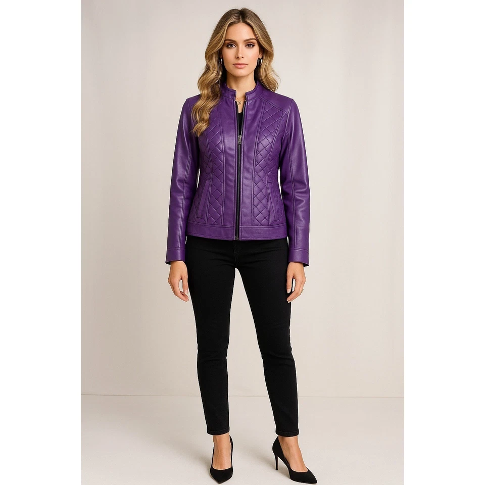 Susan Graver Jacket Womens S Purple Faux Leather Quilted Moto Biker Modern Chic - Image 1 of 4
