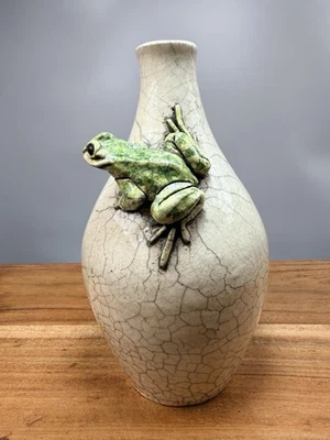 Vintage Studio Art Pottery Raku Style 6” Vase With Crackle Glaze 3D Frog Signed - Image 1 of 4