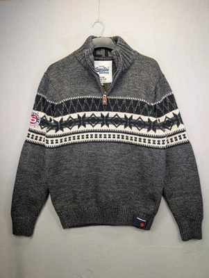 Superdry Vintage Nordic Knit Cardigan Mens XXL Grey 2XL Christmas 1/4 Zip - Image 1 of 4