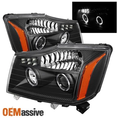 Fits 04-15 Titan 04-07 Armada Black Dual Halo Projector DRL LED Strip Headlights - Image 1 of 3