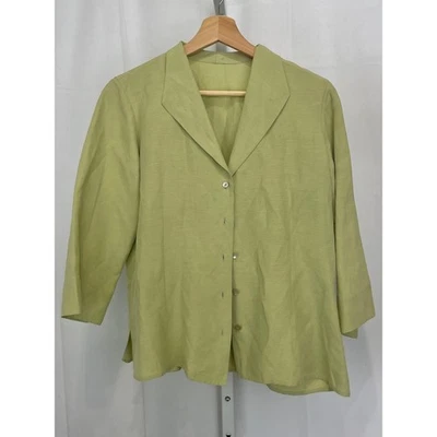 Camisa EILEEN FISHER Lino Seda Botón Frontal Manga 3/4 Top Verde Estimado PM M Foto 1 de 4