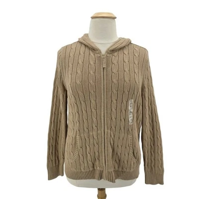 NEW St. Johns Bay Womens 1X Sweater Cardigan Hoodie Zipper Bisque Tan Cable Knit - Image 1 of 4