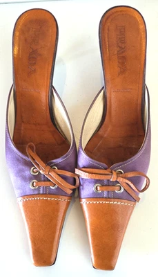 Vintage Prada 2000s Purple Silk And Leather Brown Kitten Heels VERO CUOIO mules - Image 1 of 4