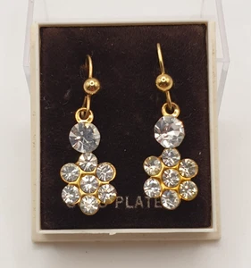 Vintage Gold Plated Crystal Flower Drop Dangle Earrings Pretty Hook Wire - Picture 1 of 10