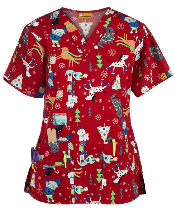 {LG} Wonderwink Uniform Scrub Top Christmas Puppy - 6017 - Image 1 of 1