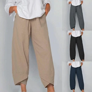 Damen Sommer Freizeit Baumwolle Leinen Baggy Gekürzt Harem Hose Solid Locker - Bild 1 von 12