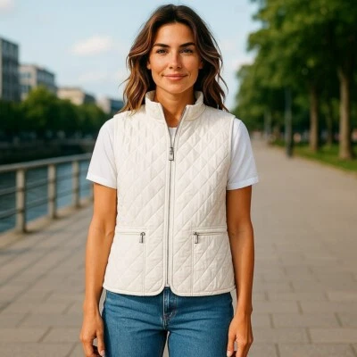 Carolyn Taylor Womens Medium Ivory Full Zip Front Mock Neck Quilted Fleece Vest - Imagem 1 de 4