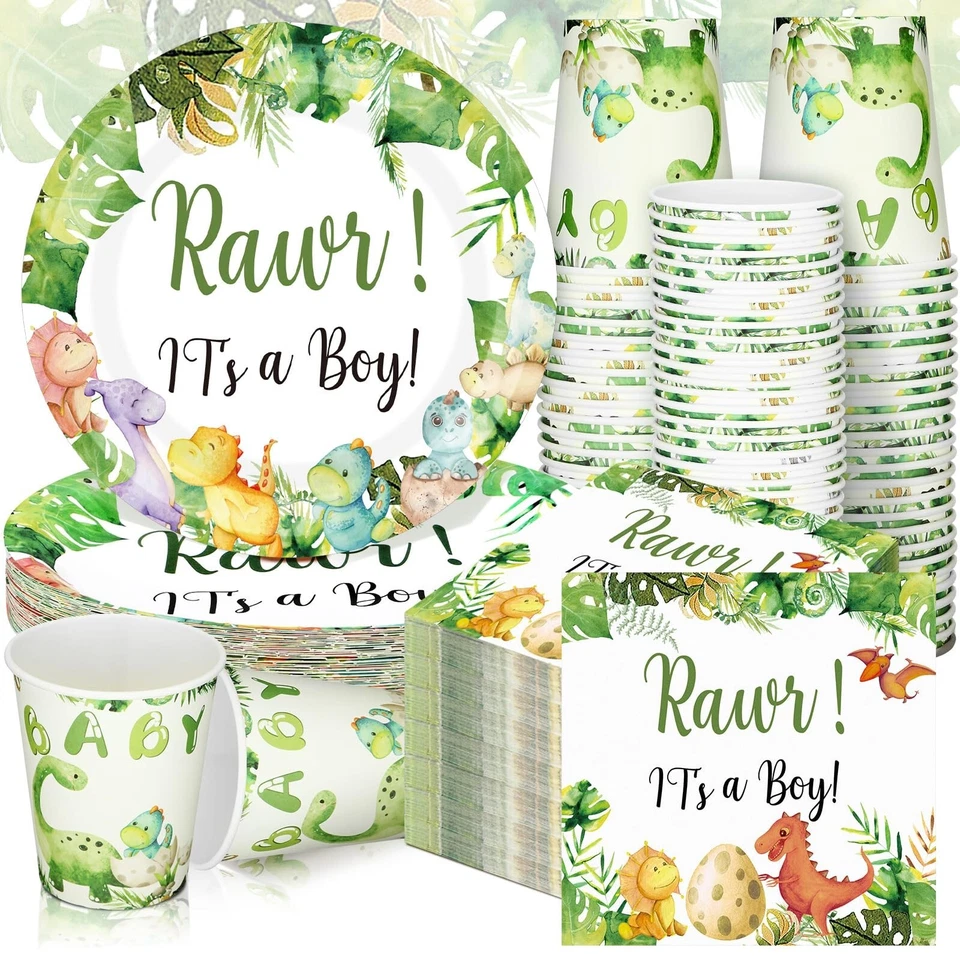 200 Pcs Dinosaur Baby Shower Paper Plates Napkins Cups Baby Shower Party Supp... - Image 1 of 4