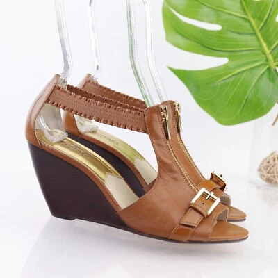 Michael Kors Women's Sandal Size 8.5 Wedge Heel T-Strap Zip Shoe Cognac Tan - Image 1 of 4