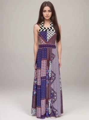 eShakti Wayward Fancies Maxi Dress Women Sz 8 Pink Mixed Print Boho Tie Neck - Image 1 of 4