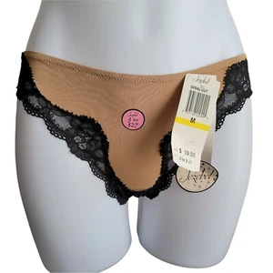Jezebel Thong Panties 50944 Tan Black Lace Microfiber Med NWT Discontinued - Picture 1 of 6