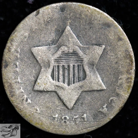 1851 Trime, Three Cent Silver, About Good Condition, Slight Bend, C6425 Cover