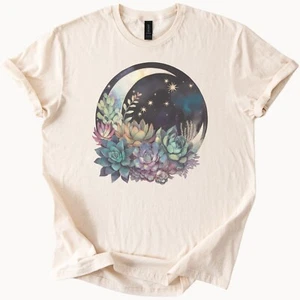 Celestial Moon Succulent Graphic T-Shirt Pastell Botanical Plant Art Tee - Bild 1 von 6