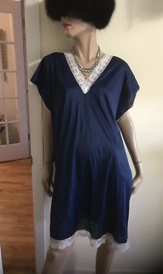 Винтажный розовый леди кимоно Nightie синий с белым кружевом размер M - Изображение 1 из 4