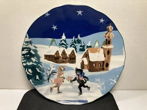 Nathalie Lete Anthropologie Plate HOLIDAY PROVENCE Skating Cats Christmas 8.25” - Picture 1 of 10